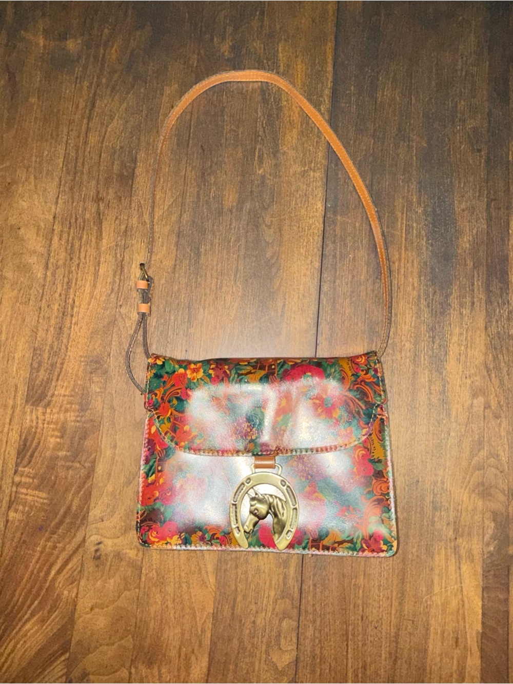 Patricia Nash Laurentina leather crossbody vibrant floral print horseshoe clasp